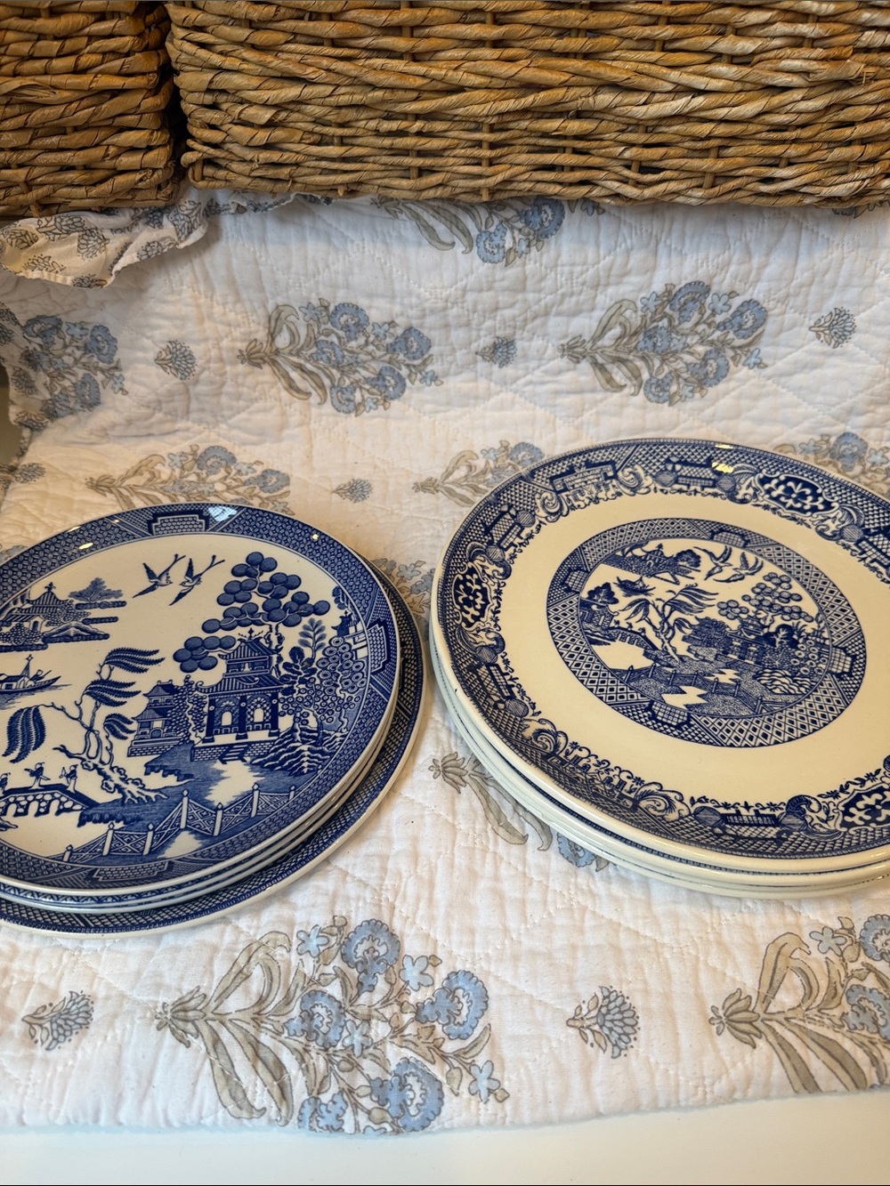 Blue Willow Style Porcelain Dinner Plates - Blue and White